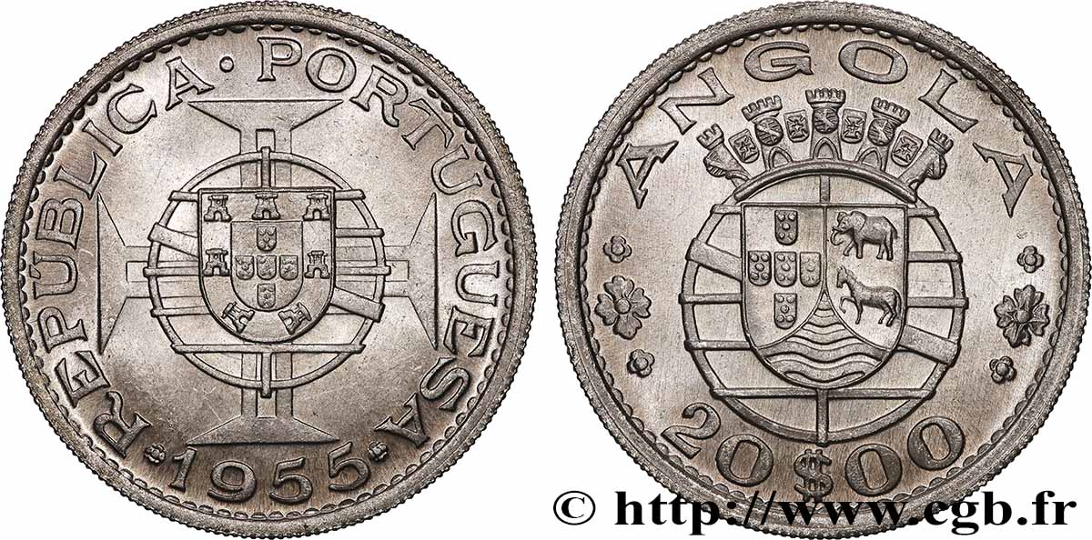 ANGOLA 20 Escudos emblème du Portugal 1955  VZ 