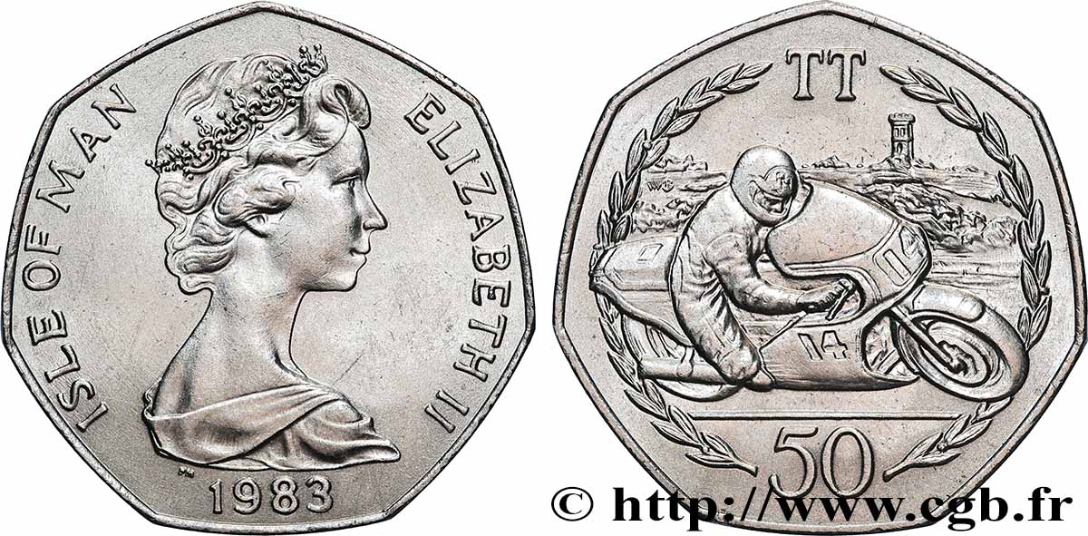 ILE DE MAN 50 Pence Élisabeth II - course de moto du Tourist Trophy 1983 Pobjoy Mint SPL 