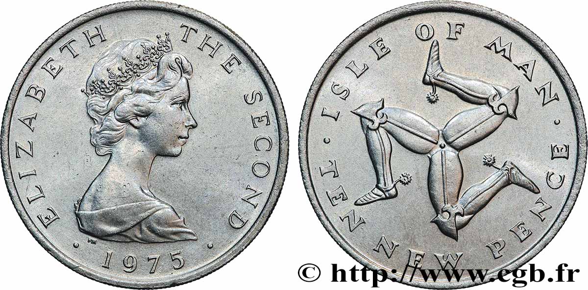 ISLE OF MAN 10 (Ten) New Pence Elisabeth II / triskèle 1975 Pobjoy Mint AU 