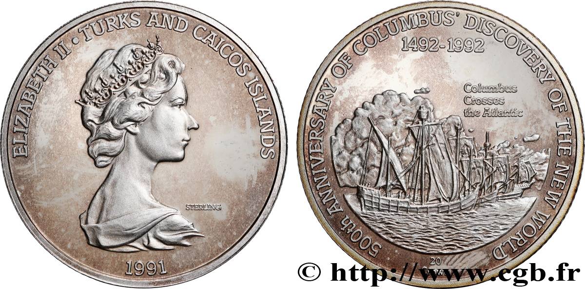 ÎLES TURQUES ET CAÏQUES 20 Crowns Proof 500e anniversaire de la découverte du Nouveau Monde 1991  SPL 