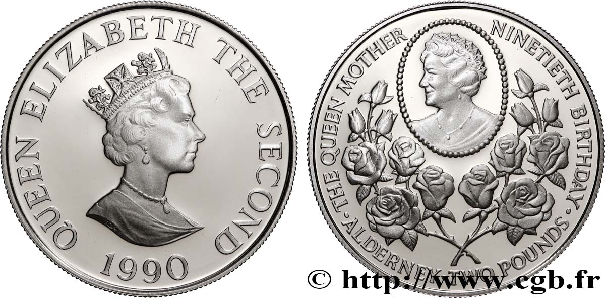 AURIGNY 2 Pounds Proof 90e anniversaire de la reine mère 1990  SPL 