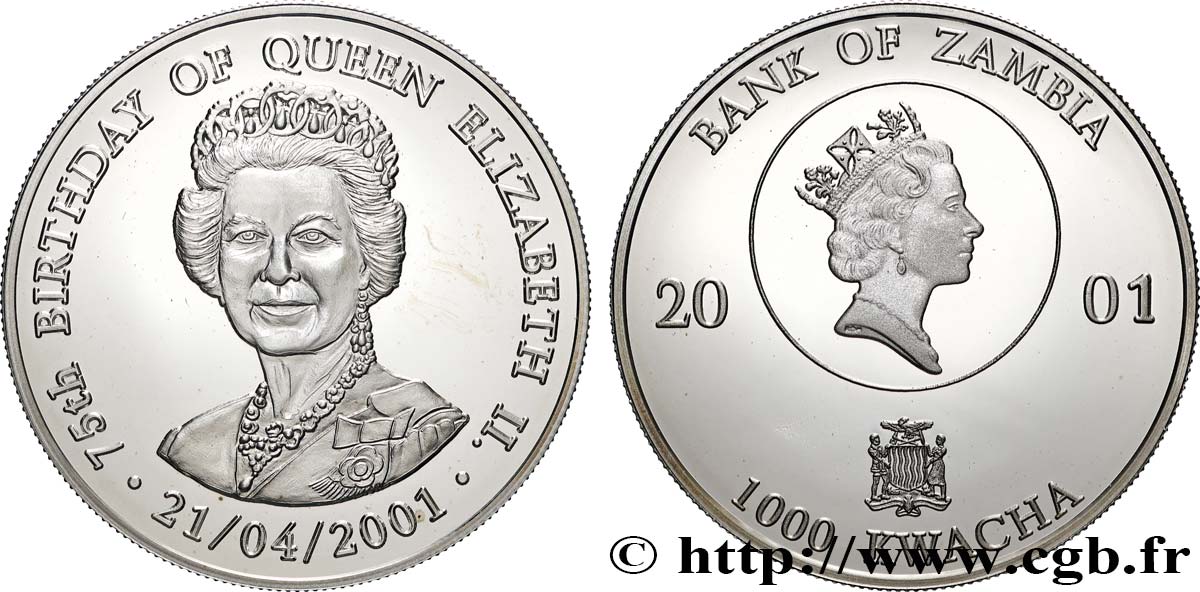ZAMBIE 1000 Kwacha Proof 75e Anniversaire de la Reine Elisabeth II 2001  SPL 
