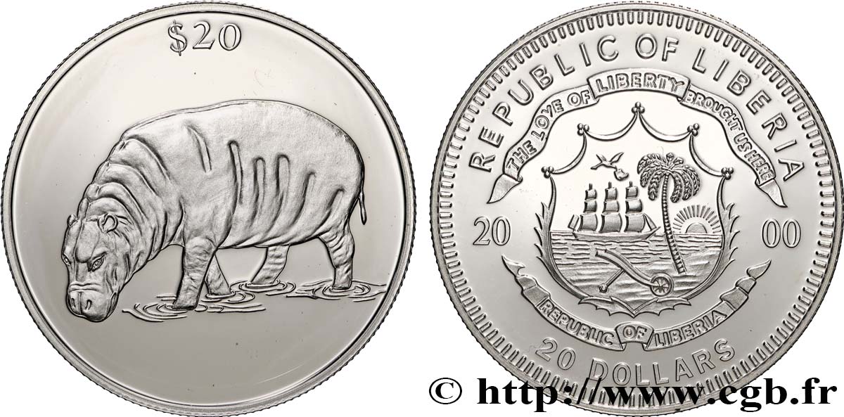 LIBERIA 20 Dollars Proof Hippopotame 2000  FDC 