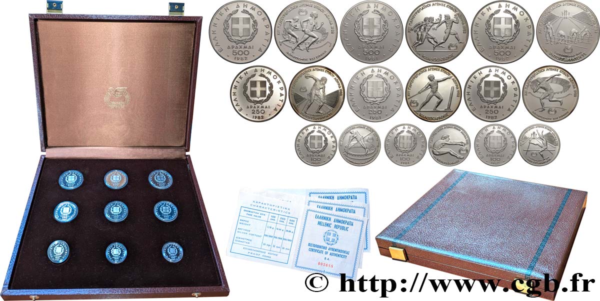 GRÈCE Coffret 9 monnaies Jeux Pan-Européens 1981-1982  FDC 