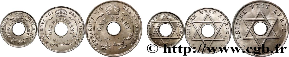 AFRIQUE OCCIDENTALE BRITANNIQUE Lot 1/10, 1/2 et 1 Penny Edouard VIII 1936 Londres SUP 
