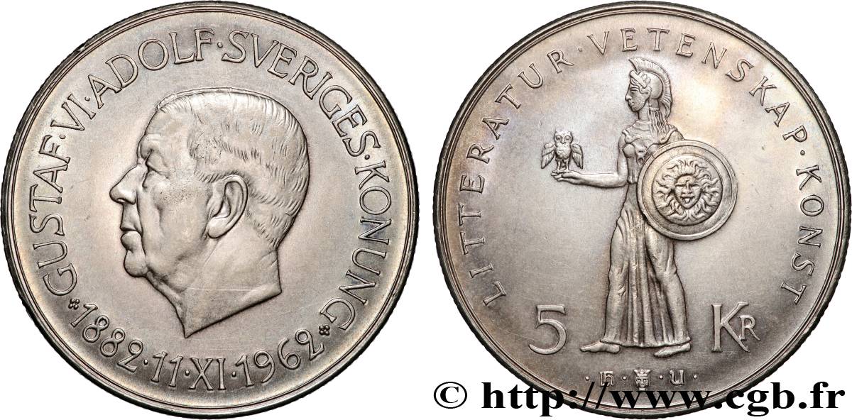 SUÈDE 5 Kronor 80ème anniversaire de Gustave VI Adolf 1962  SUP 
