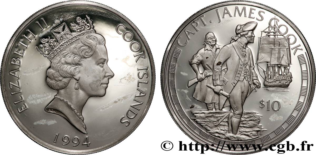 ÎLES COOK  10 Dollars Proof capitaine Cook 1994  SPL 