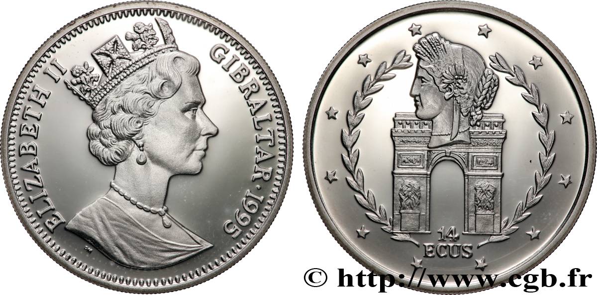 GIBRALTAR 14 Ecus Proof Elisabeth II / Arc de Triomphe et tête de Cérès 1995 Pobjoy Mint SPL 