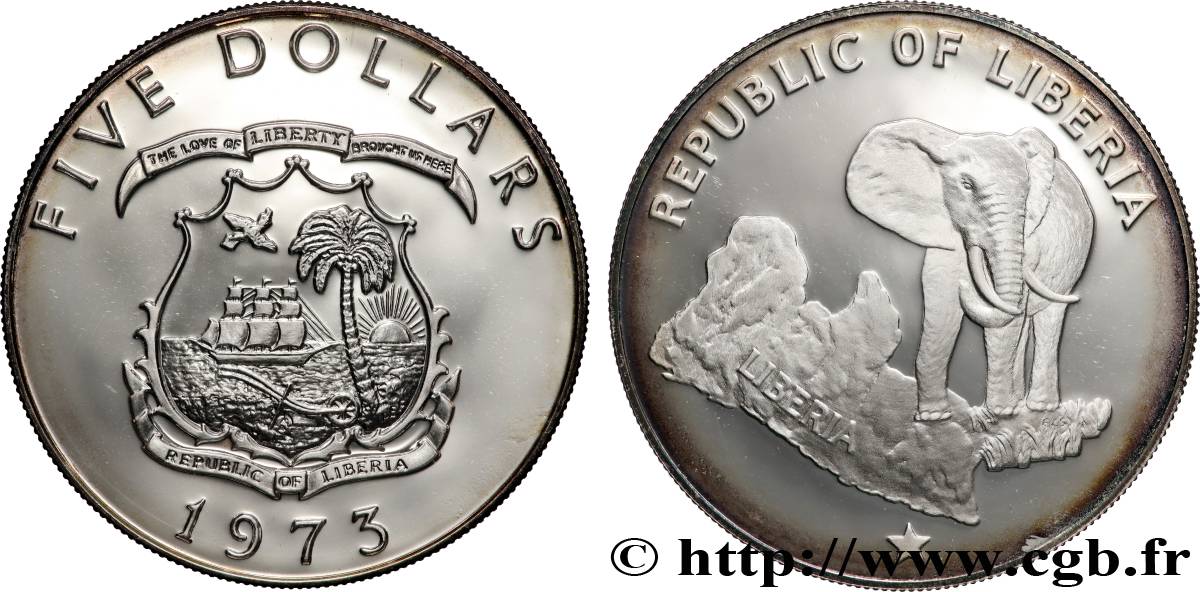 LIBERIA 5 Dollar Proof Éléphant 1973 San Francisco MS 