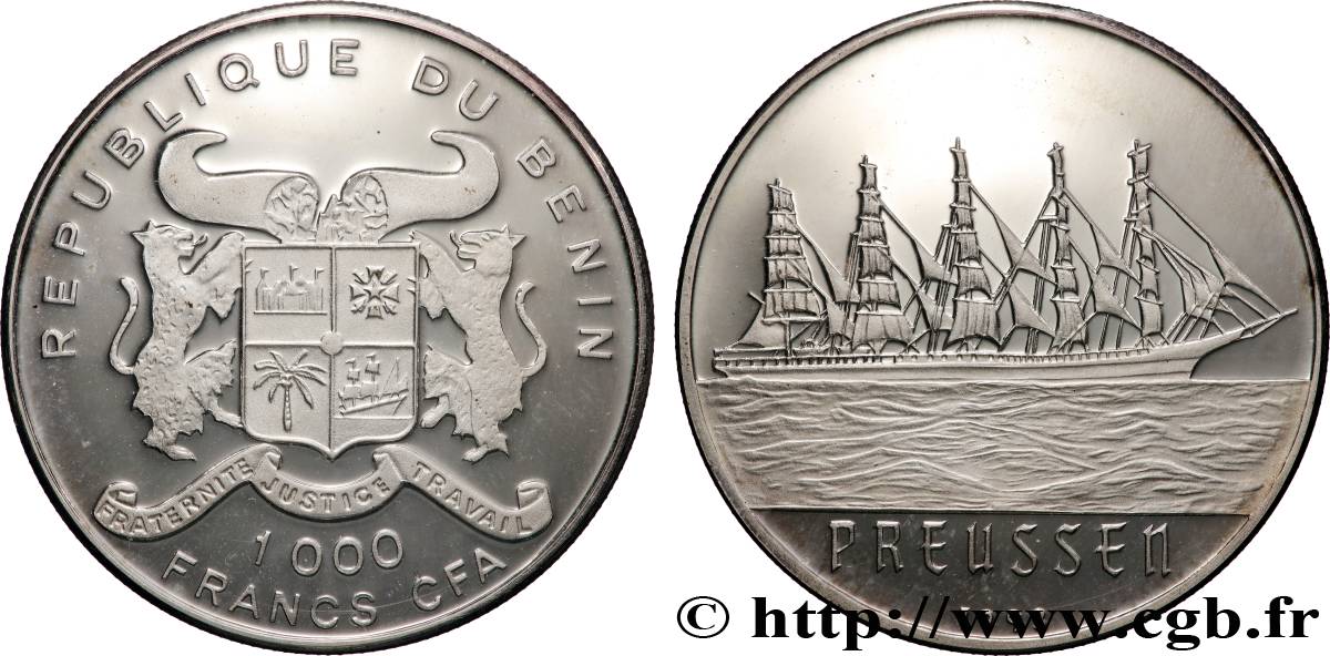 BÉNIN 1000 Francs CFA Proof Voilier Preussen 1993  SPL 