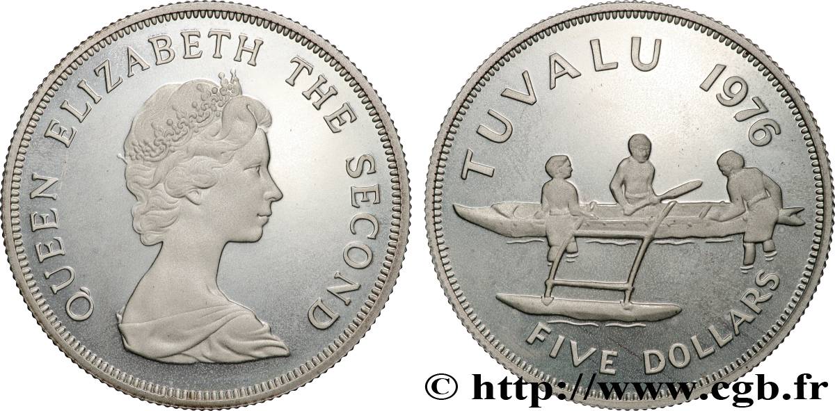 TUVALU 5 Dollars Proof Outrigger Canoe 1976  MS 
