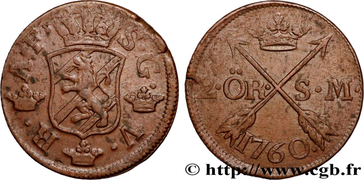 SUÈDE 2 Ore écu couronné frappe au nom du roi Adolphe Frédéric de Suède 1760  TTB 