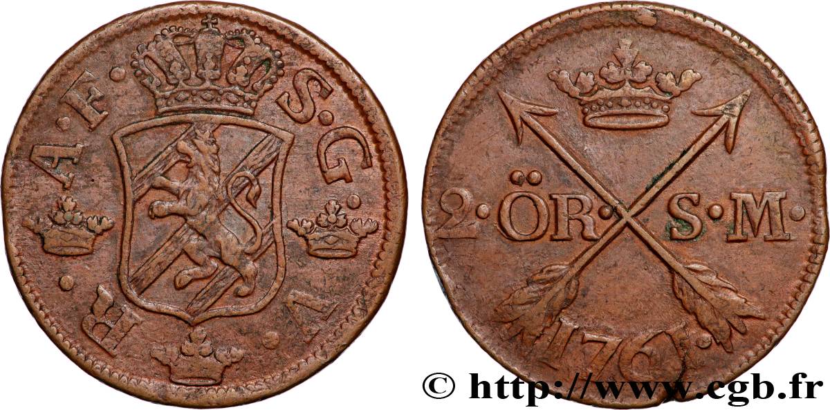 SUÈDE 2 Ore écu couronné frappe au nom du roi Adolphe Frédéric de Suède 1761  TTB 