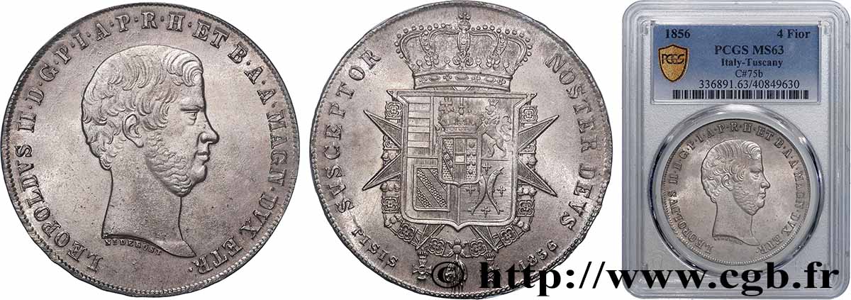 ITALIE - GRAND DUCHÉ DE TOSCANE - LÉOPOLD II 1 Francescone  1856 Florence SPL63 PCGS