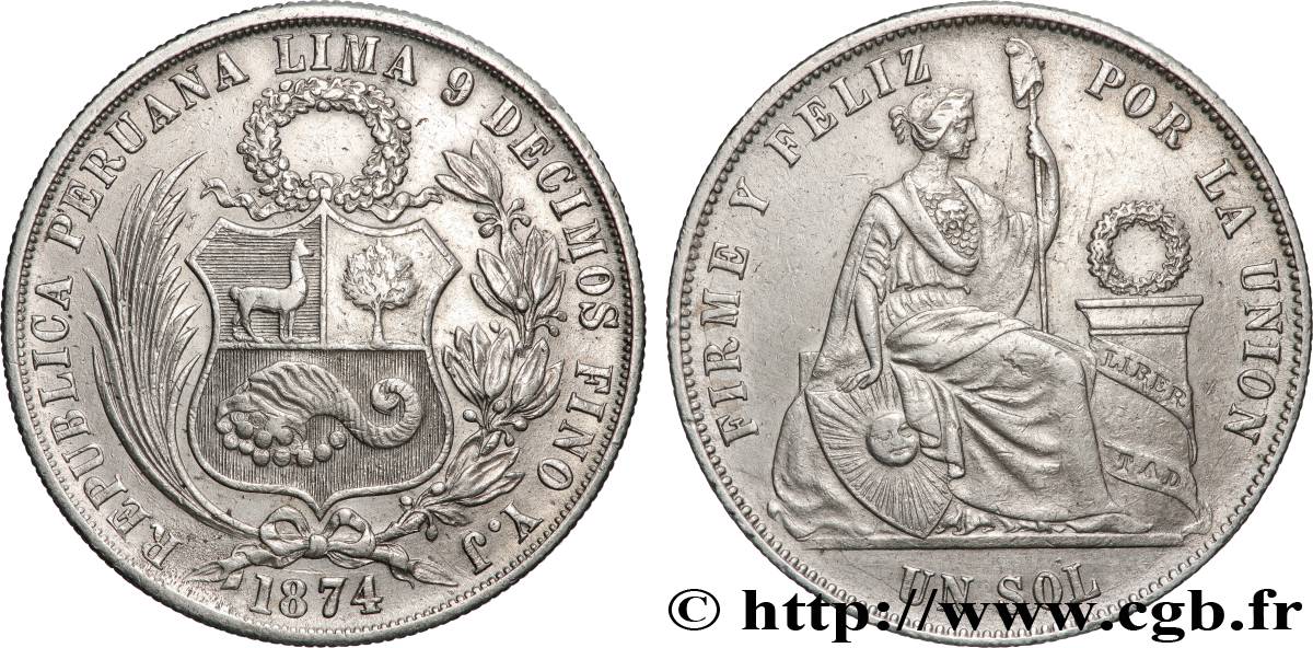 PERU 1 Sol “Liberté” assise 1874 Lima AU 