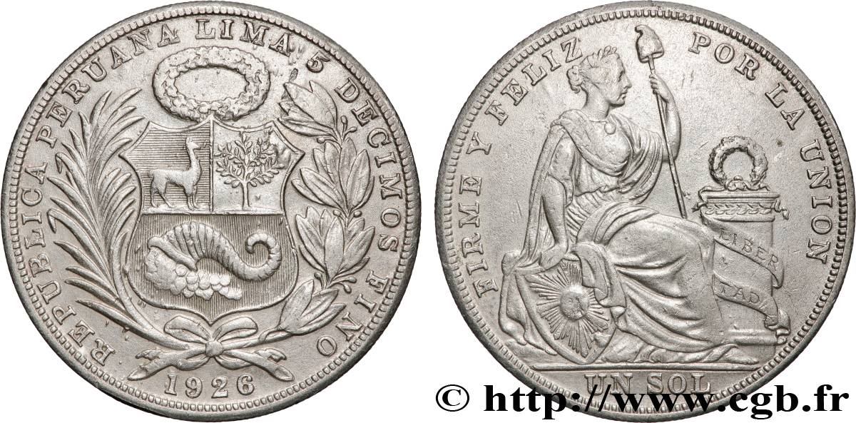 PERU 1 Sol emblème / “Liberté” 1926 Lima XF 