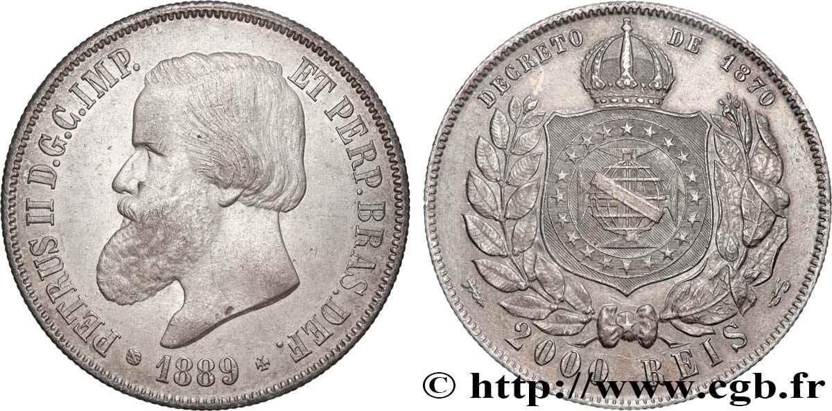 BRÉSIL - EMPIRE DU BRÉSIL - PIERRE II 2000 Reis Empereur  1889  TTB 