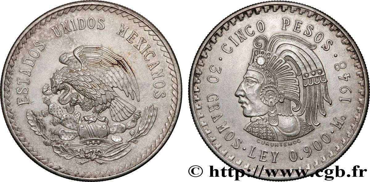MEXIQUE 5 Pesos Buste de Cuauhtemoc 1948 Mexico SUP 