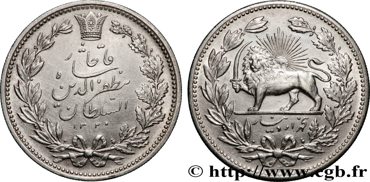 IRAN 5000 Dinars (5 Kran) frappe pour Muzaffar al-Din Shah AH 1320 (1902)  AU 