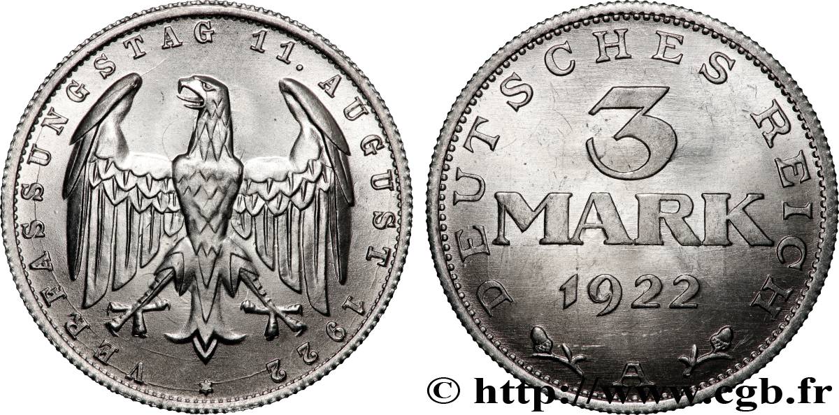 ALLEMAGNE 3 Mark Jour de la Constitution 1922 Berlin SPL 