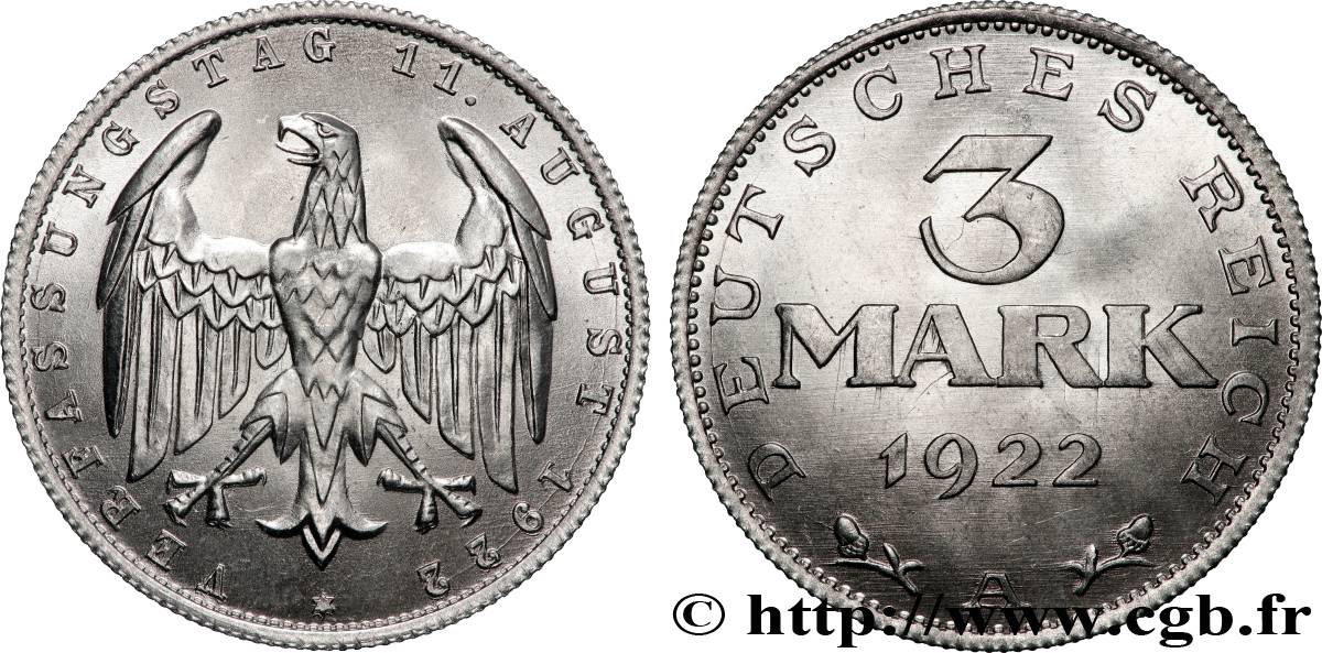 DEUTSCHLAND 3 Mark Jour de la Constitution 1922 Berlin fST 