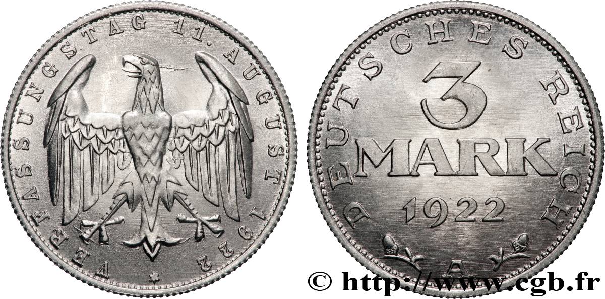 DEUTSCHLAND 3 Mark Jour de la Constitution 1922 Berlin fST 