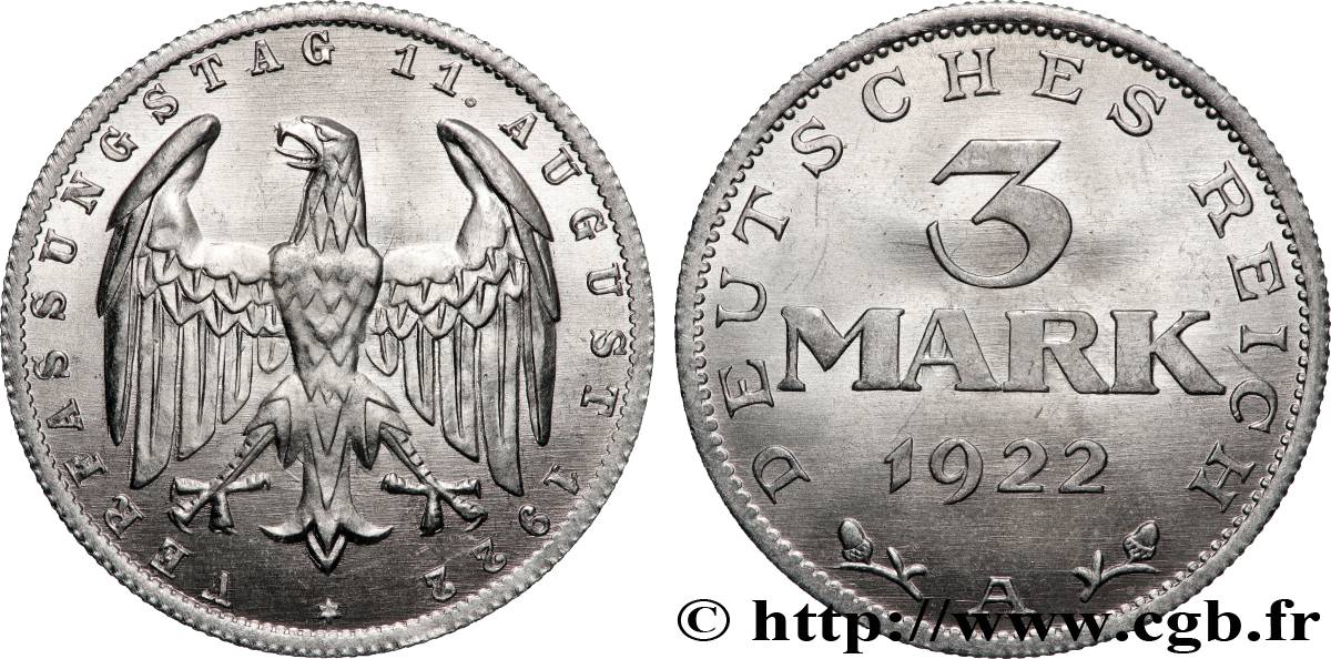 ALLEMAGNE 3 Mark Jour de la Constitution 1922 Berlin SPL 