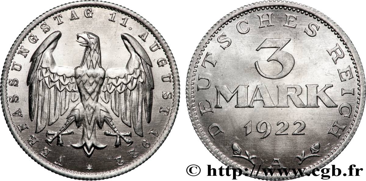 ALLEMAGNE 3 Mark Jour de la Constitution 1922 Berlin SPL 