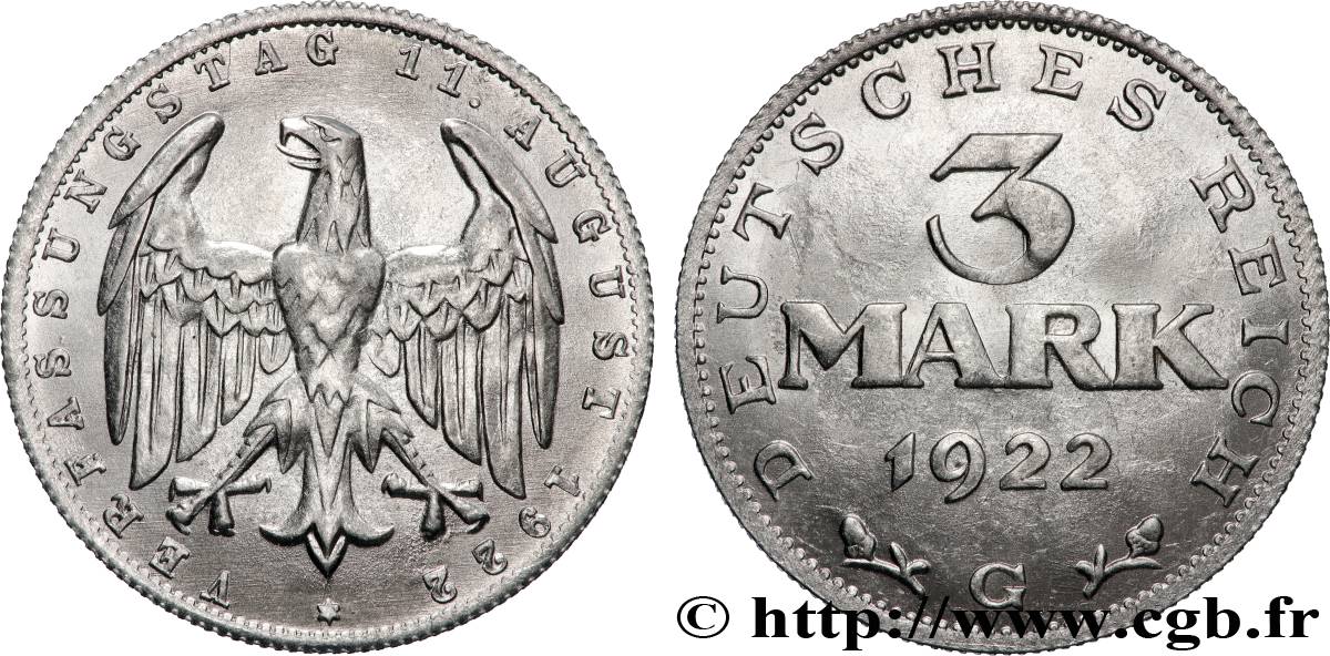 GERMANY 3 Mark aigle 1922 Karlsruhe AU 