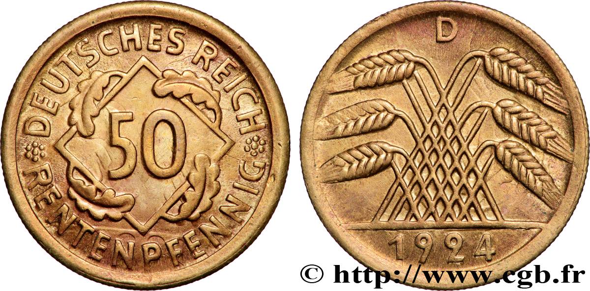 ALLEMAGNE 50 Rentenpfennig gerbe de blé 1924 Munich TTB+ 