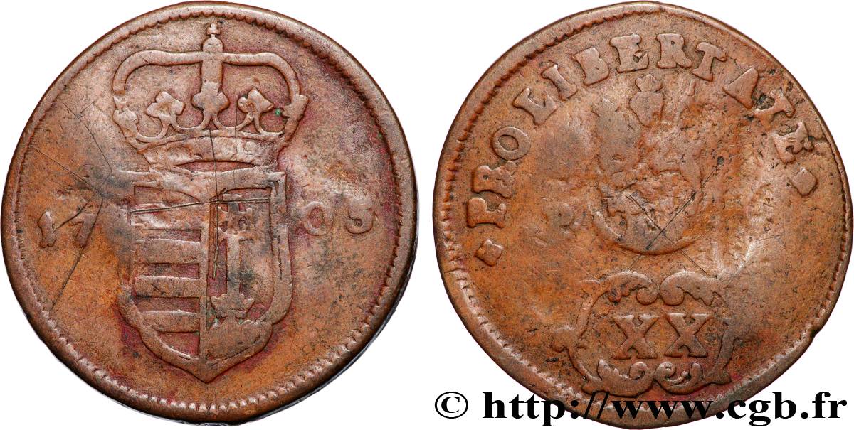 HONGRIE 20 Poltura monnayage révolutionnaire emblème de la Hongrie 1705  B+ 
