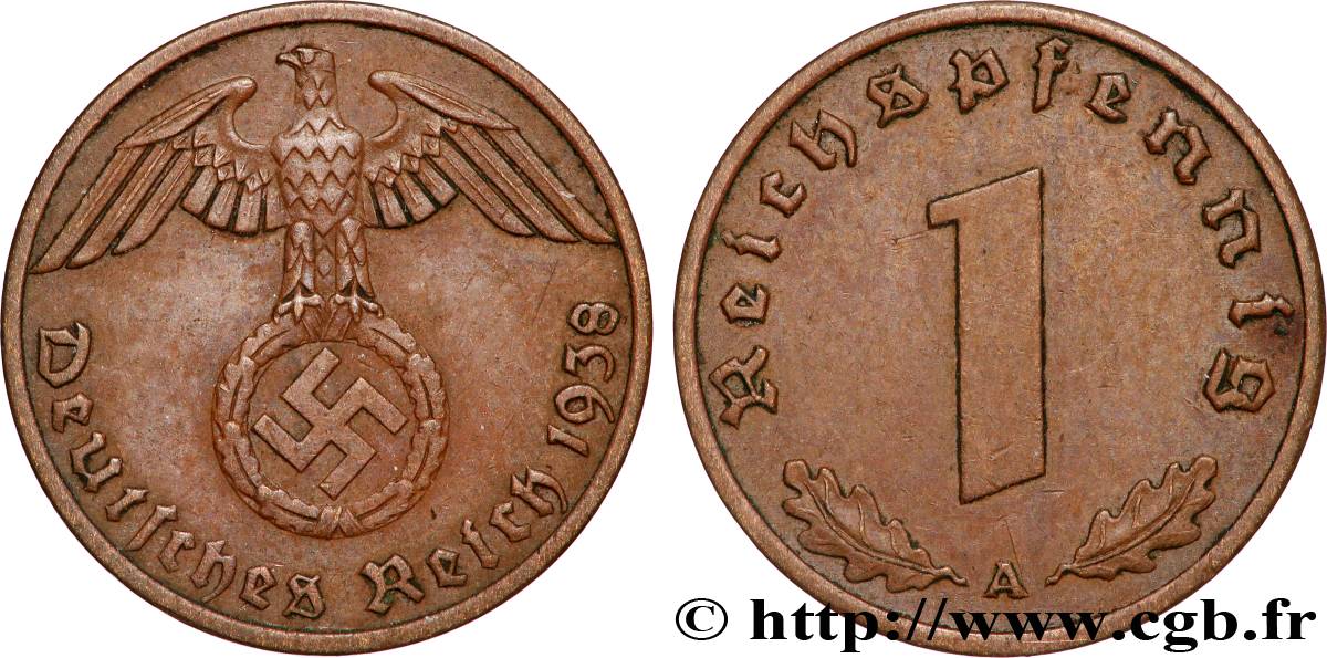 DEUTSCHLAND 1 Reichspfennig aigle et swastika 1938 Berlin fVZ 