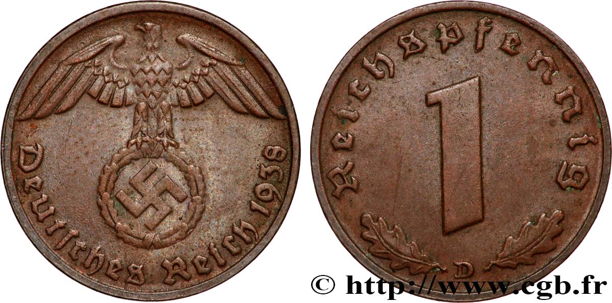 GERMANY 1 Reichspfennig aigle et swastika 1938 Munich AU 