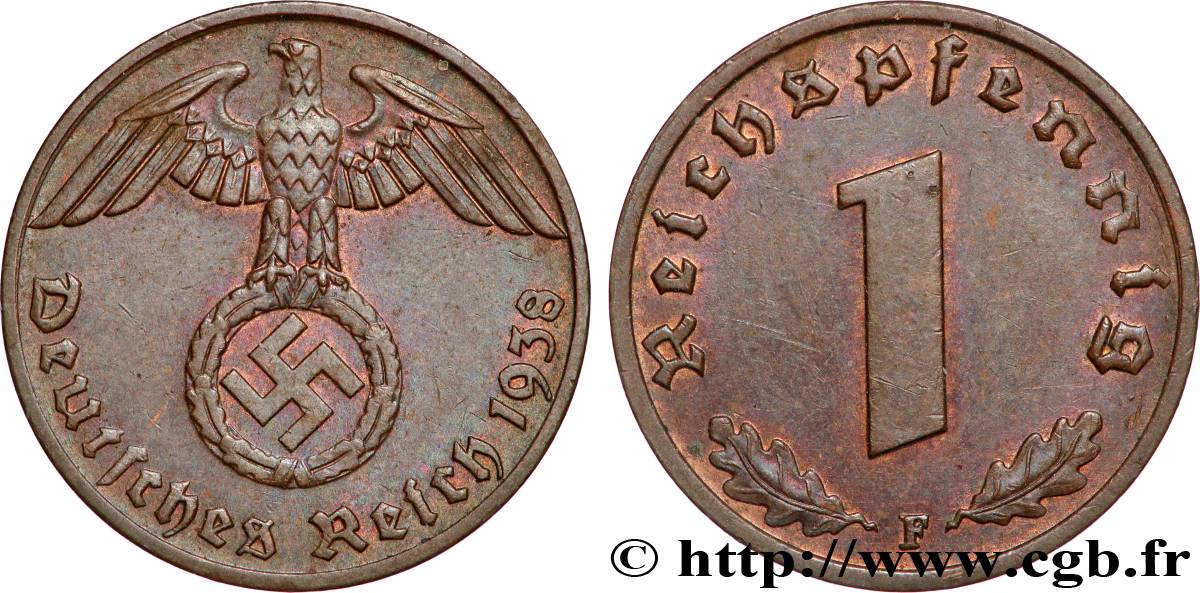 DEUTSCHLAND 1 Reichspfennig aigle et swastika 1938 Stuttgart fVZ 