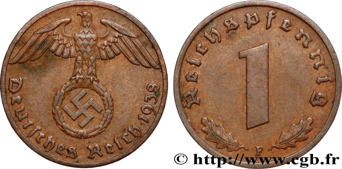 ALLEMAGNE 1 Reichspfennig aigle et swastika 1938 Stuttgart TTB+ 
