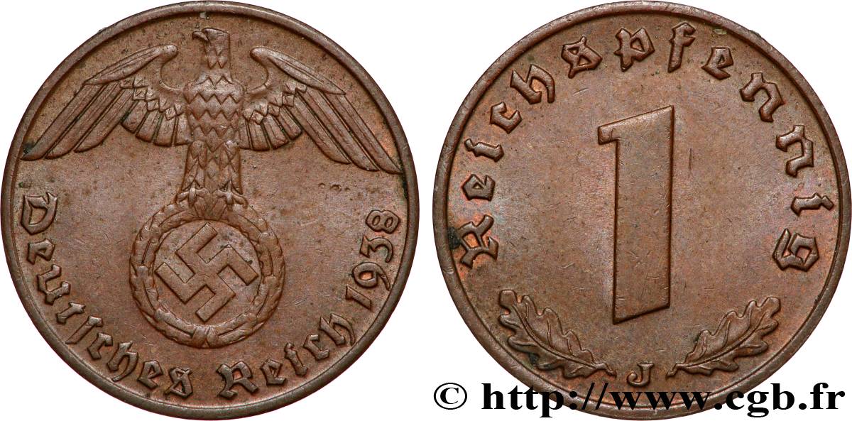 GERMANY 1 Reichspfennig aigle et swastika 1938 Hambourg XF 