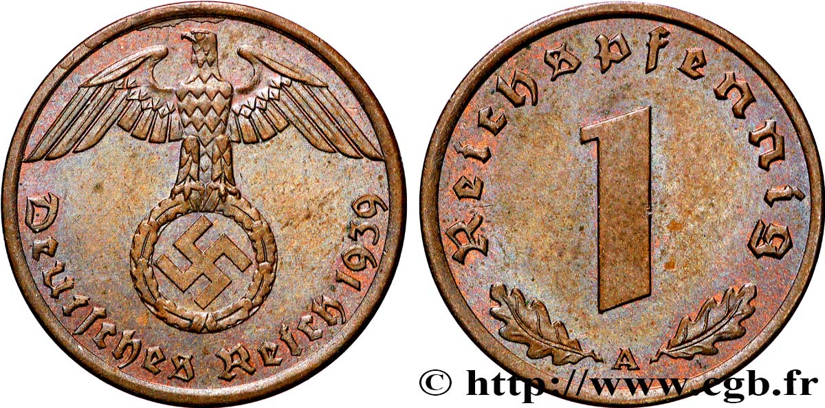 GERMANY 1 Reichspfennig aigle et swastika 1939 Berlin AU 