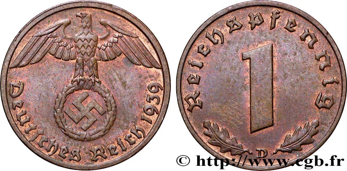 DEUTSCHLAND 1 Reichspfennig aigle et swastika 1939 Munich fVZ 
