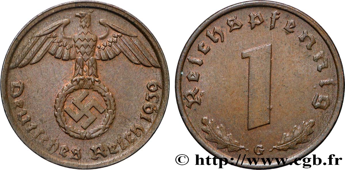 ALLEMAGNE 1 Reichspfennig aigle et swastika 1939 Karlsruhe TTB+ 