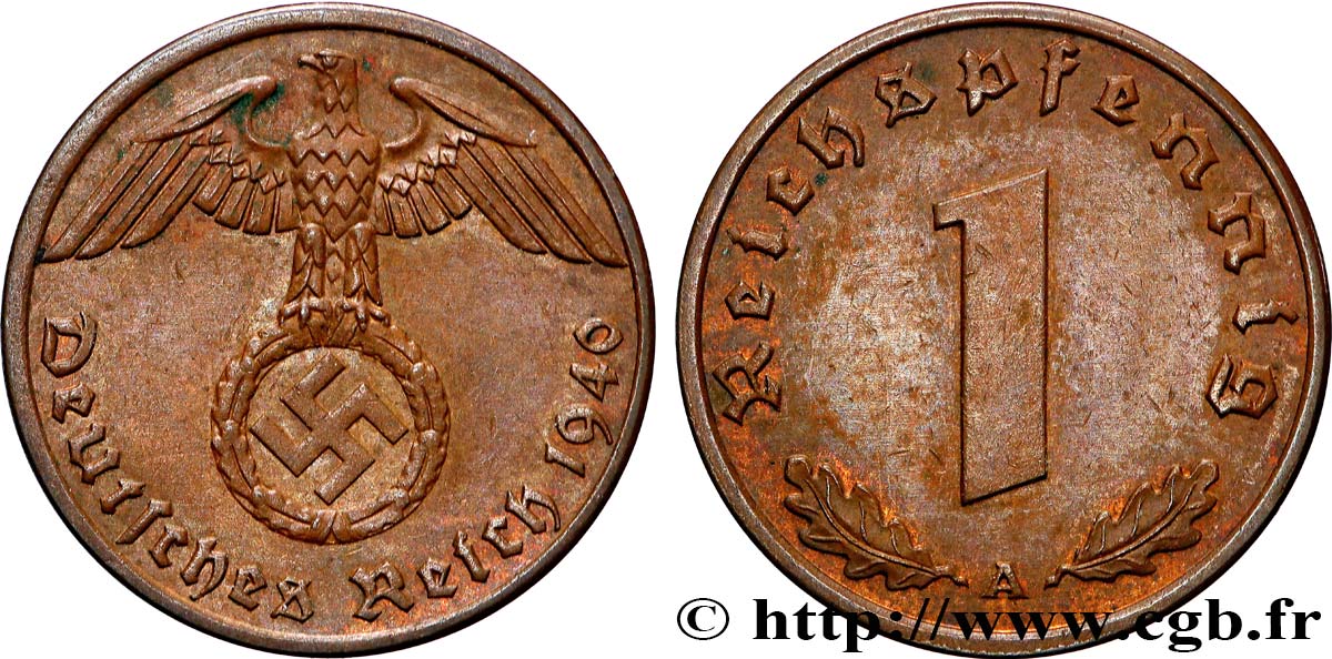DEUTSCHLAND 1 Reichspfennig aigle et swastika 1940 Berlin VZ 