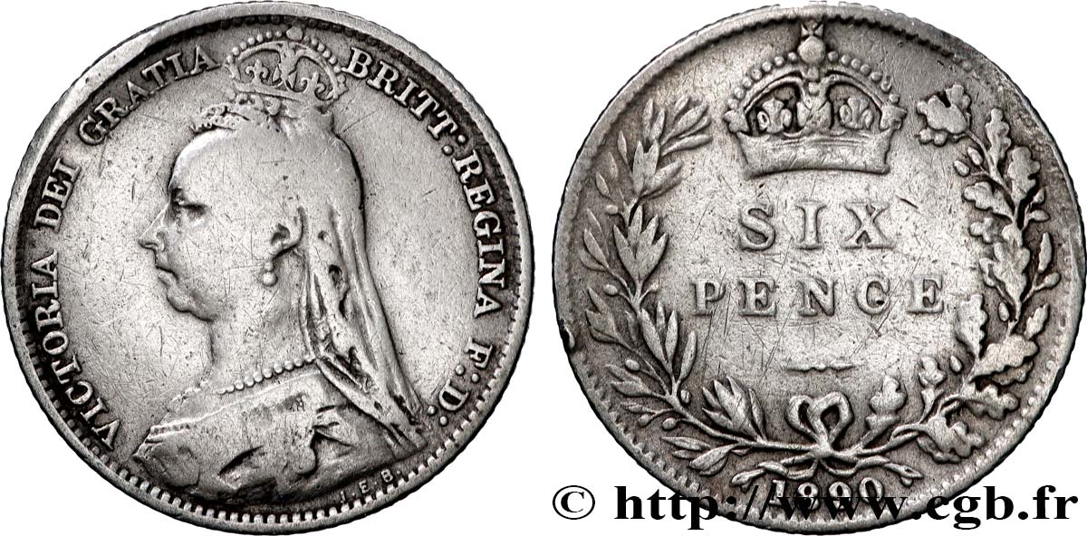 REINO UNIDO 6 Pence Victoria couronné 1890 Londres BC 
