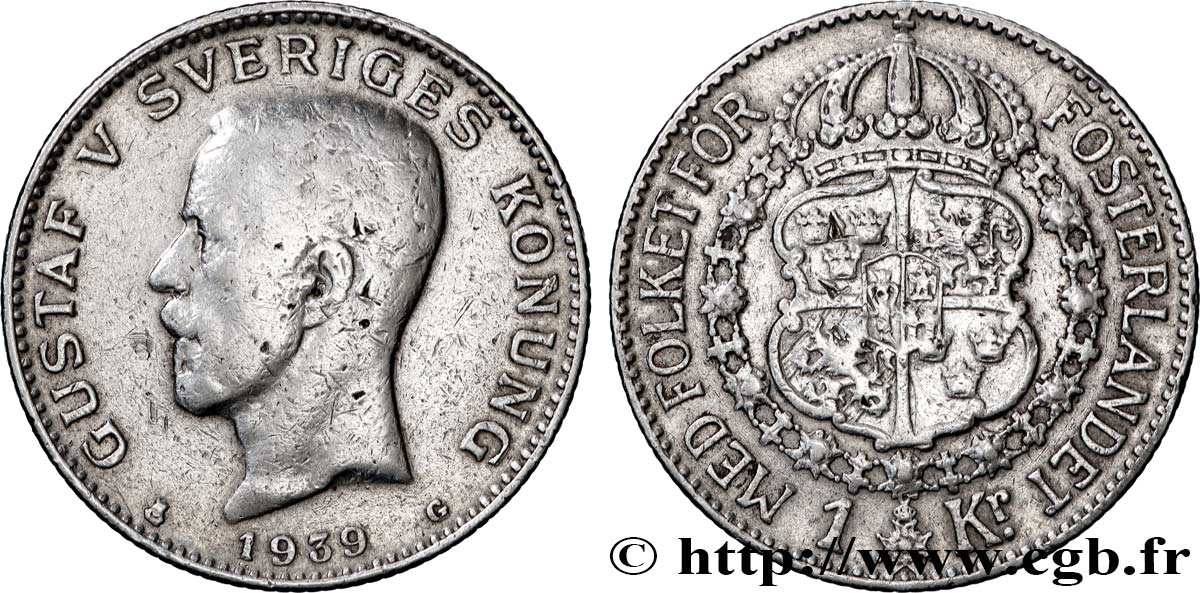 SUECIA 1 Krona Gustave V 1939 Kungsholmen BC 