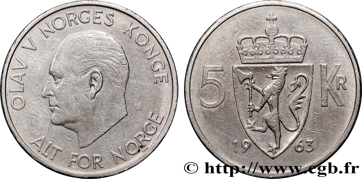 NORVÈGE 5 Kroner roi Olaf V 1963 Konsberg TTB+ 