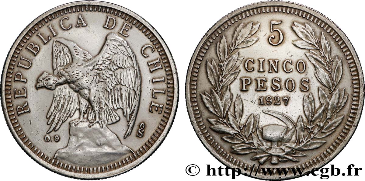 CHILI 5 Pesos condor variété au “5” étroit 1927 Santiago TTB 