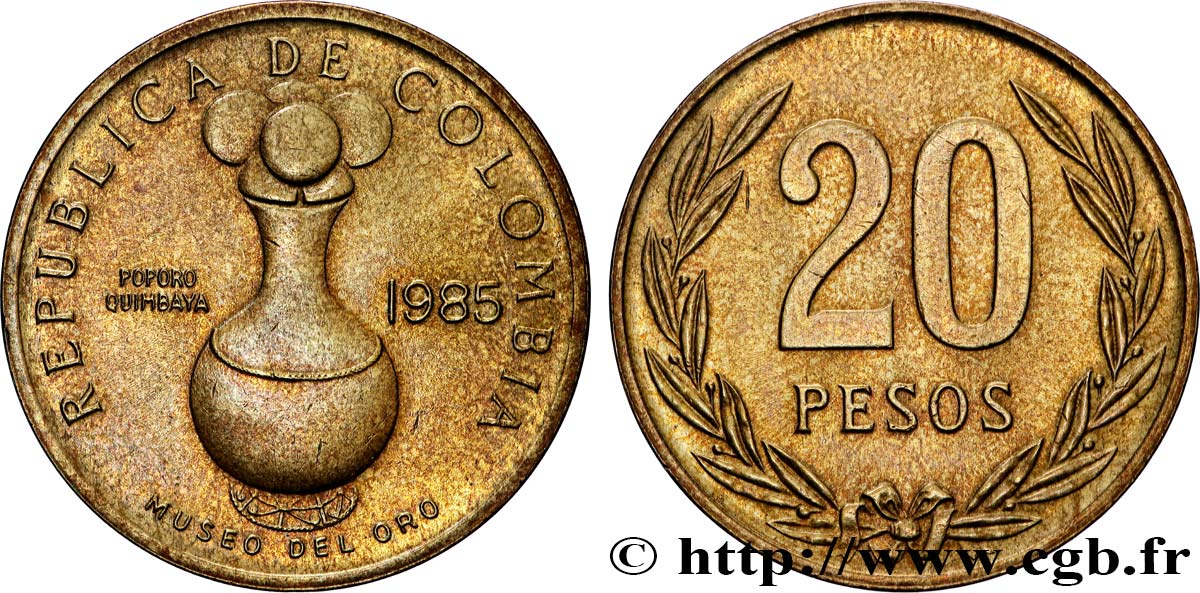COLOMBIE 20 Pesos Poporo Quimbaya 1985 Bogota SUP 