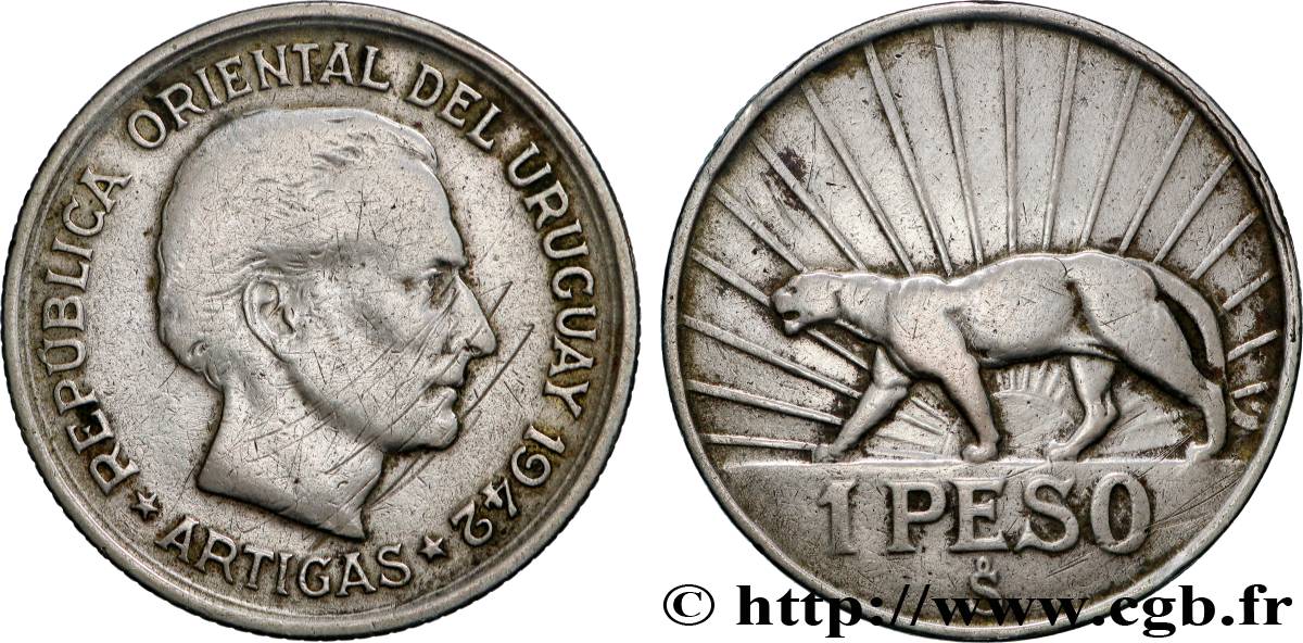 URUGUAY 1 Peso José Gervasio Artigas 1942 Santiago TB 