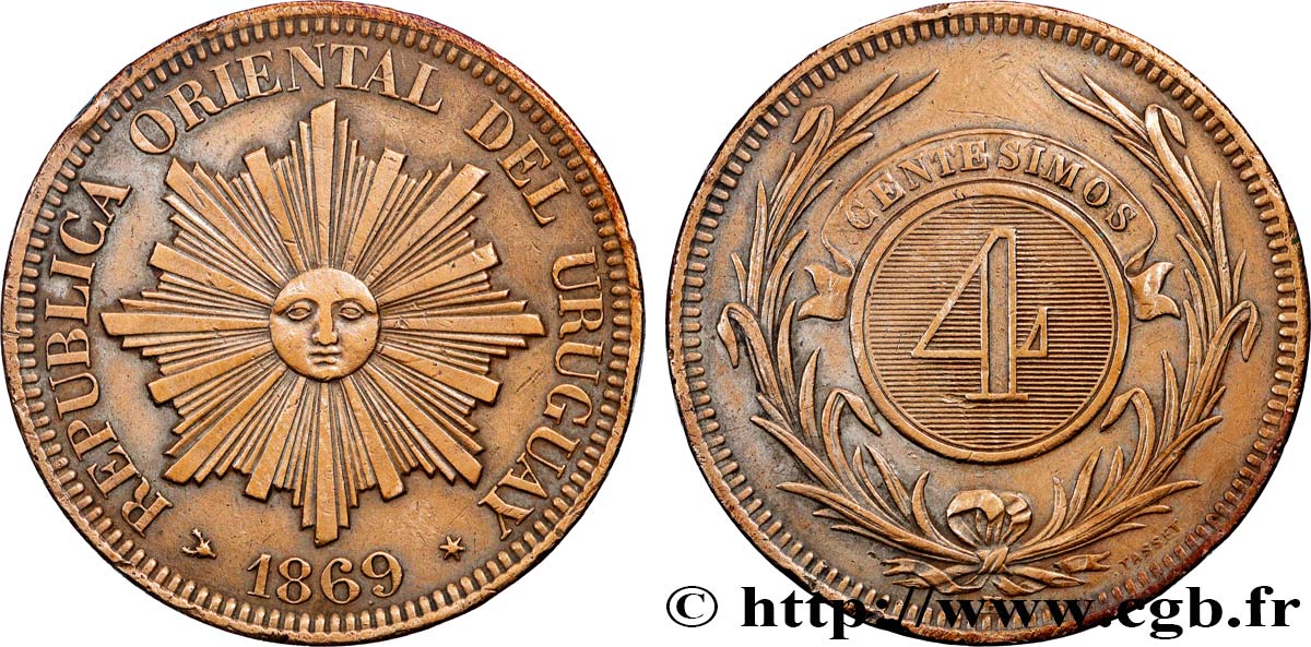 URUGUAY 4 Centesimos soleil 1869 Heaton TTB 