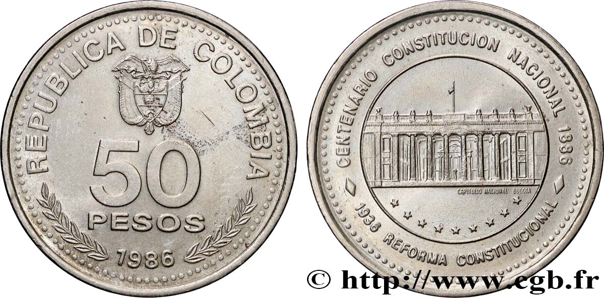 COLOMBIE 50 Pesos centenaire de la constitution nationale 1997 Ibagué SUP 