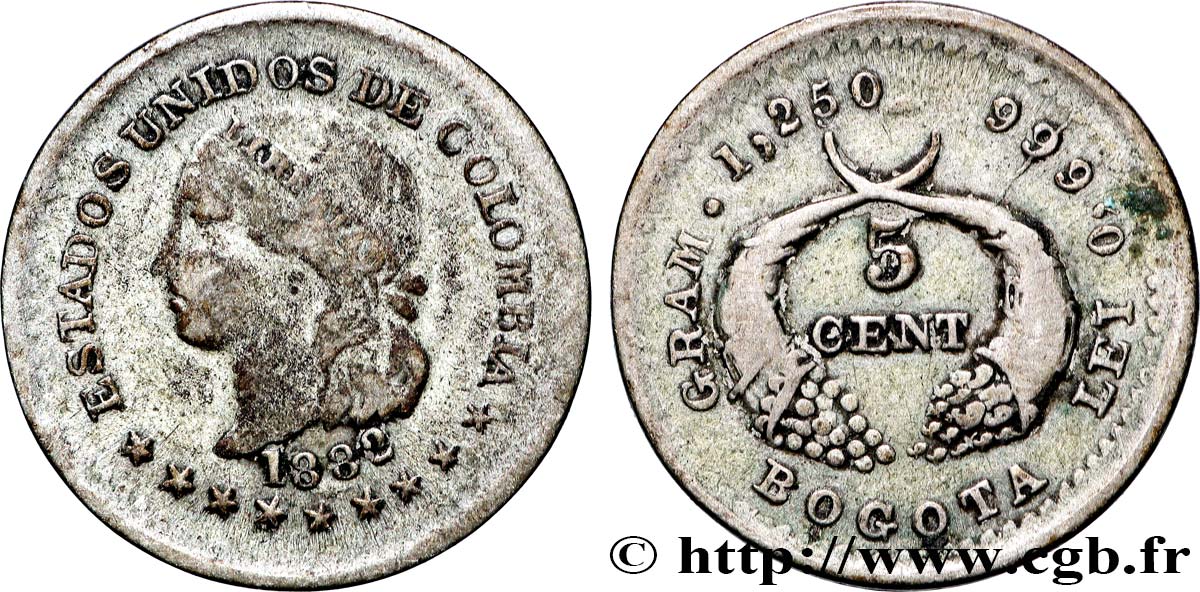 COLOMBIE 5 Centavos tête de la Liberté 1882 Bogota TB 