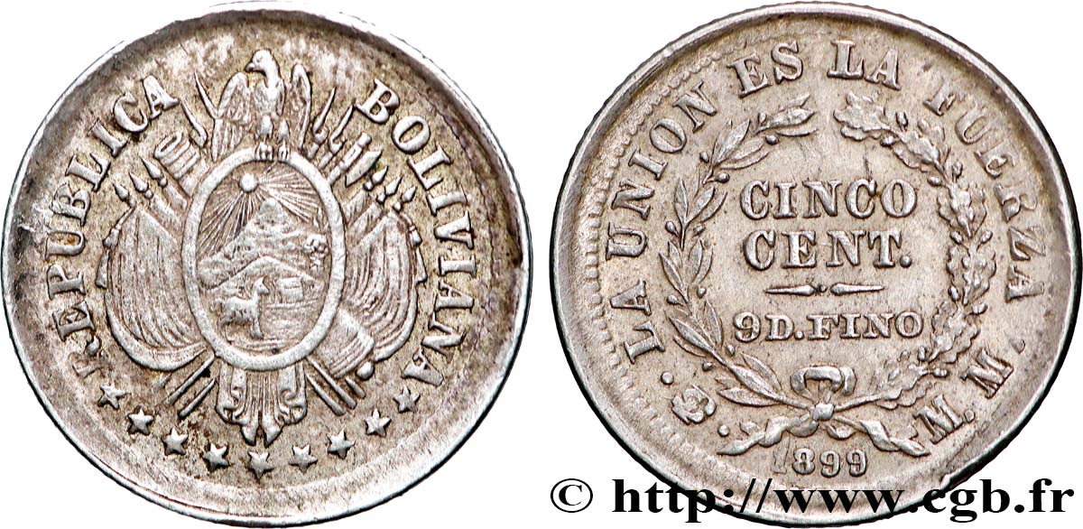 BOLIVIA 5 Centavos 1899 Potosi AU 